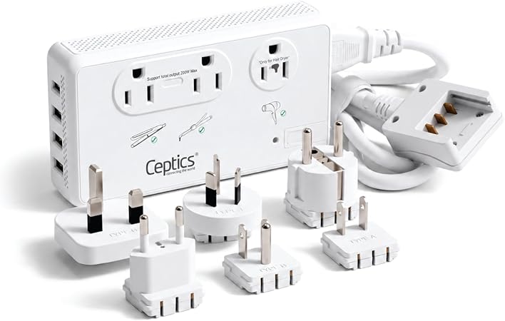 Ceptics 200W+2000W Voltage Converter, 3 USB-A + 1 USB-C, 6 SWadAPt Plugs