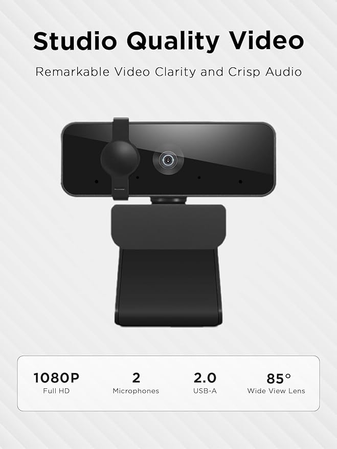 Lenovo 310 FHD Webcam, 1080p, FHD Resolution @30 FPS, Plug-and Play USB Connectivity, 1.8M Cable, 2 Integrated Microphones, External Privacy Shutter, Black