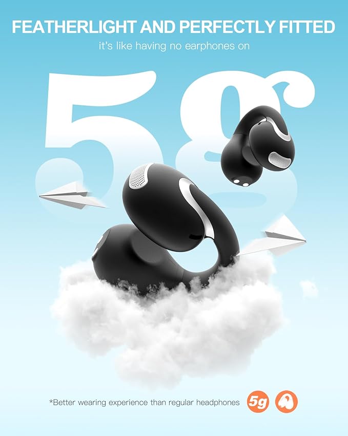 Open Ear Clip Wireless Earbuds Bluetooth 5.4, Lightweight Comfort Sports Bone Conduction Headphones Built-in Mic for Clear Audio, Stable Fit Earphones 24H Play-Black