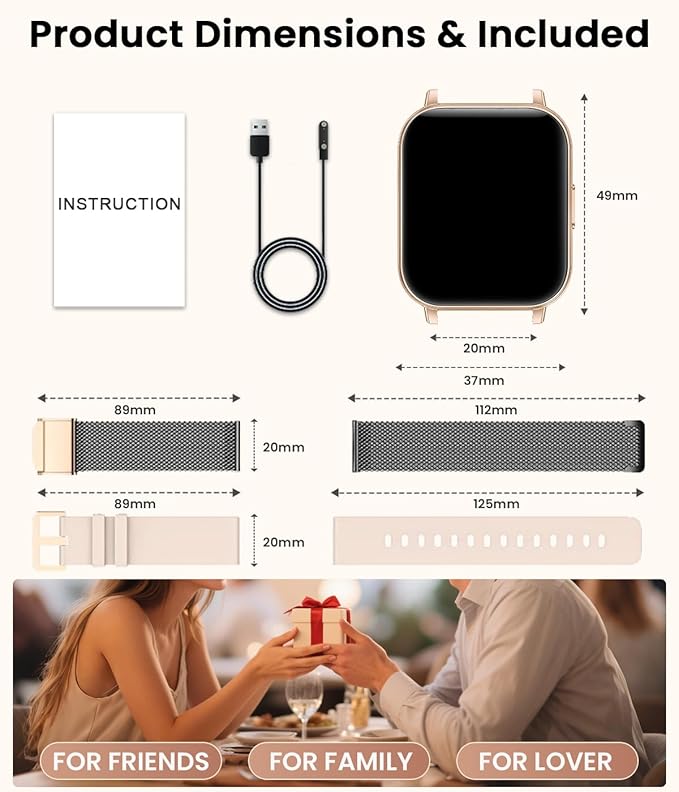 Smart Watch for Women, 1.83" HD Touch Screen Smartwatch, 1000mAh Battery, Bluetooth Calling, Heart Rate, SpO2, Sleep Monitor, 120+ Sports, IP68 Waterproof, 2 Bands Compatible iPhone Android, BlackGold