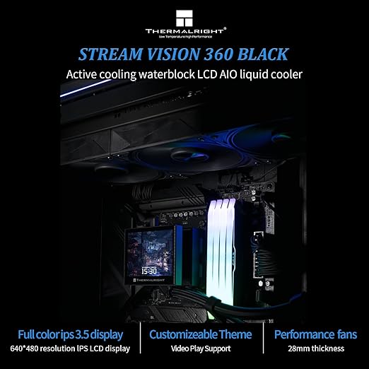 Thermalright Stream Vision 360 Black CPU Liquid Cooler, 3.5in Magnetic Embedded Fan LCD Screen, 640x480 Resolution,Freely Defined Display Screen,2400RPM Speed, Compatible with AM5,lga1851/1700/115x