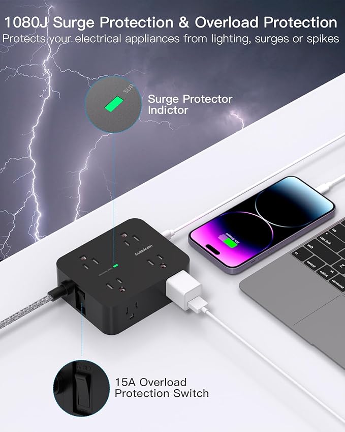 Extension Cord 20 Ft, HANYCONY Power Strip Surge Protector with 8 Outlets 4 USB Ports(2 USB C), Long Cord, Flat Plug, Wall Mount, Desk USB Charging Station for Home Office Essentials