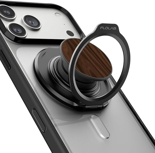 FLOLAB ForgeGrip Strong Magnetic Phone Holder & Phone Grip for MagSafe Grip iPhone Accessories Magnetic Phone Grip, Ring Holder & Stand, Satisfying Snap Grip - Walnut