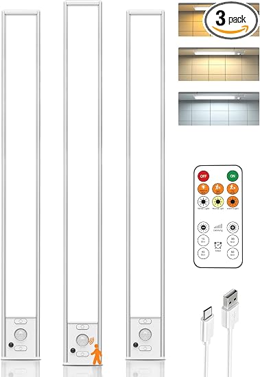 Rechargeable Under Cabinet Lighting with Remote 3 Pack Motion Sensor Light