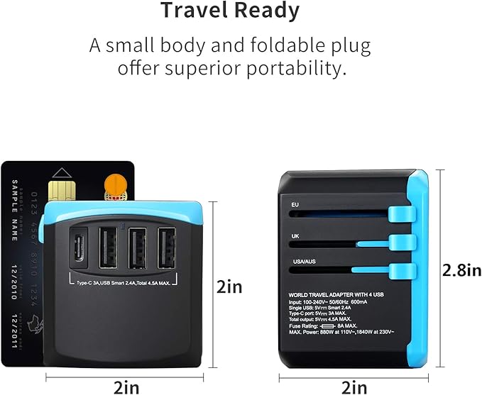 All in One Universal USB Travel Power Adapter with 3 USB Port and Type-C International Wall Charger Worldwide AC Power Plug 8 Pin AC Socket for Multi-Nation Travel UK, EU, AU, Asia
