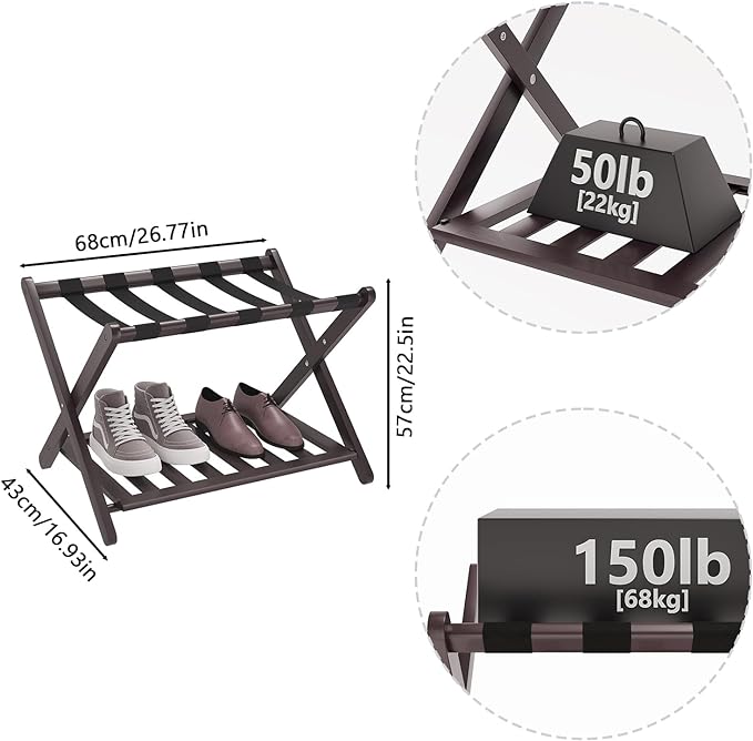 Smuxee Fully Assembled Brown Luggage Racks Pack of 2, Upgraded Bamboo Foldable Suitcase Stand with 5 Nylon Straps, Luggage Holder with Shelf for Guest Room Bedroom Hotel