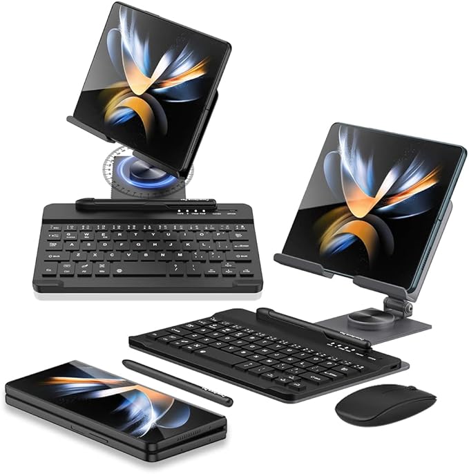 SHIEID Galaxy Z Fold 7 360° Rotating POS Tablet Stand, Zip Pull-Out, Integrated Folding Design Set with Folding Bracket, Keyboard, Mouse, Capacitor Pen?“Compatible with Galaxy Z Fold7//6/5/4/3, Grey