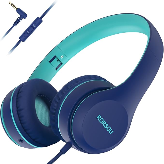 RORSOU K5 Kids Headphones with Microphone for shchool, Volume Limiter 85/94dB, Foldable Stereo Tangle-Free 3.5mm Jack Wired Cord On-Ear Headphones for Children/Boys/Girls/Kindle/Tablet/MP3/4 (Blue)