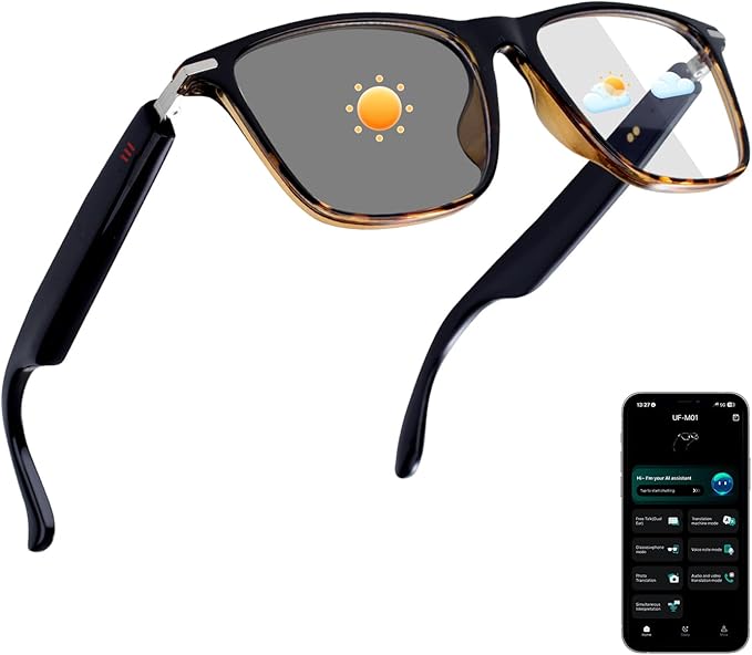 AI Smart Glasses for Men & Women, Photochromic AI Translation Glasses, Support 165+ Languages, Touch Control & IPX5 Waterproof, Multifunctional Bluetooth glasses, Travel Meeting Business Trade(Brown)