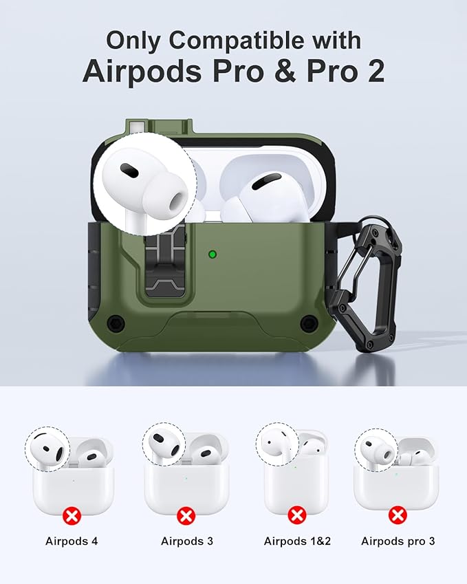 Lerobo for AirPods Pro 2 Case Cover, Hard Shockproof Cover with Phone Stand & Cleaning Kit Compatible with Magsafe, Magnetic Automatic Lock for AirPods Pro 1st & 2nd Generation Case, Army Green