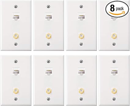 Weewooday 8 Pieces Cat6 Ethernet Coax Wall Plate, F-Type Port, White