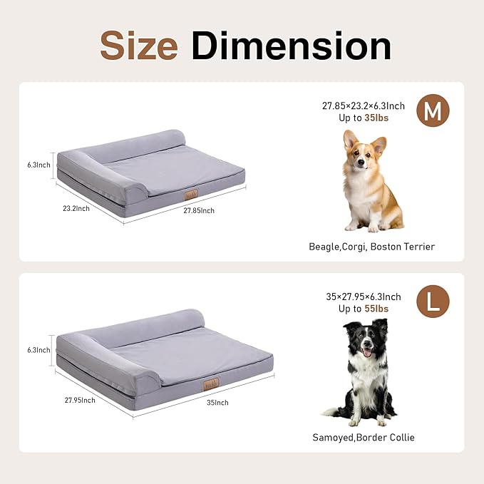 Dog Bed Large Sized Dogs, Orthopedic Dog Sofa Pet Bed, Waterproof Memory Foam Dog Bed, Large Dog Couch Bed with Washable Removable Cover, Grey - 35x27.95x6.3in