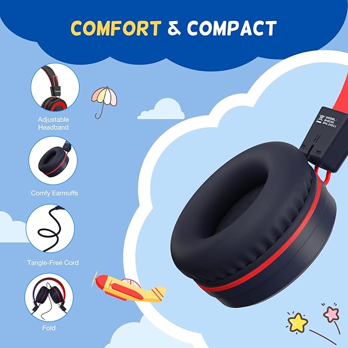 USB Type C Kids Headphones for School, Wired Toddler Headphones, 94dB Volume Limited, HD Stereo Sound, Foldable Lightweight On-Ear Wired Headphones for Kids/Children/Teens/Boys (Red Black)