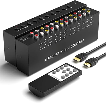 8 Port RCA to HDMI AV to HDMI Converter 1080P/720P 8 Way RCA Composite CVBS AV Switch to HDMI Converter Adapter Support 4:3/16:9 Switch For Sega Xbox PS1 PS2 PS3 N64 NGC SNES WII VHS VCR Camera