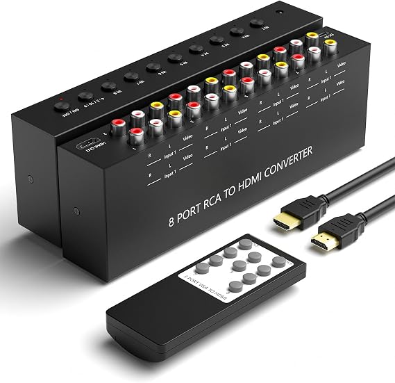 8 Port RCA to HDMI AV to HDMI Converter 1080P/720P 8 Way RCA Composite CVBS AV Switch to HDMI Converter Adapter Support 4:3/16:9 Switch For Sega Xbox PS1 PS2 PS3 N64 NGC SNES WII VHS VCR Camera