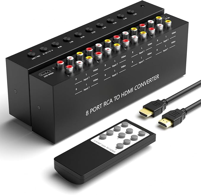 8 Port RCA to HDMI AV to HDMI Converter 1080P/720P 8 Way RCA Composite CVBS AV Switch to HDMI Converter Adapter Support 4:3/16:9 Switch For Sega Xbox PS1 PS2 PS3 N64 NGC SNES WII VHS VCR Camera