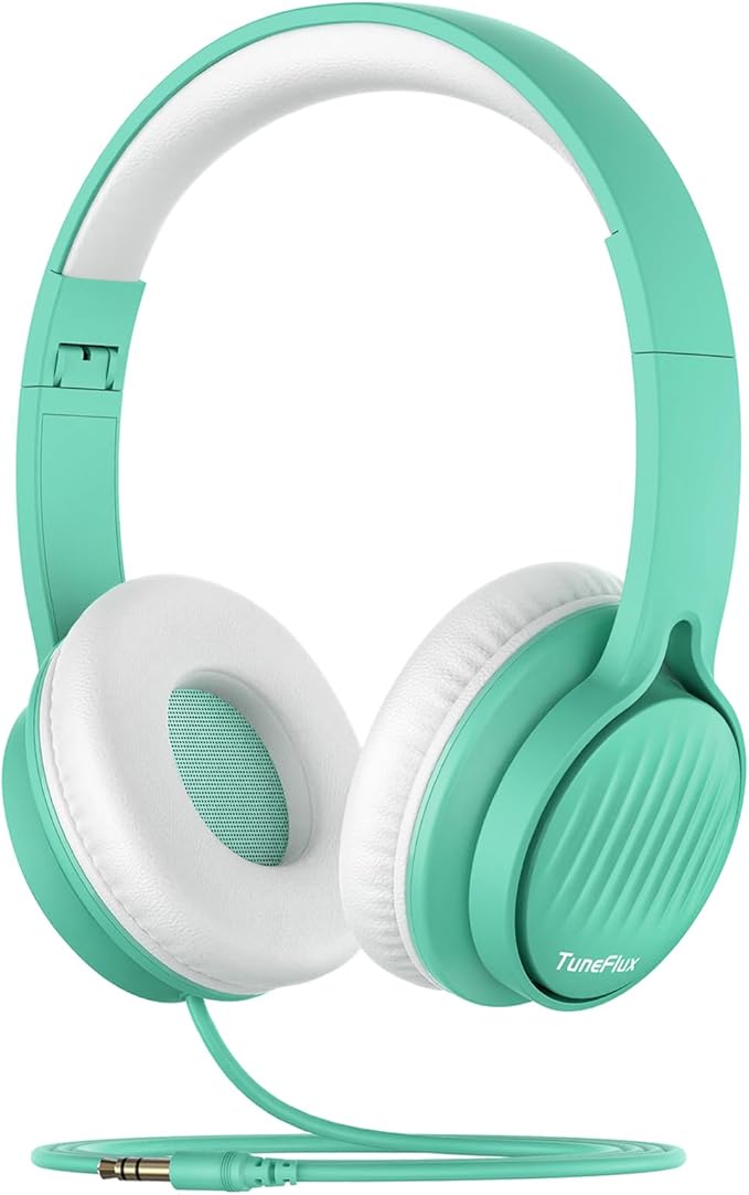 TuneFlux Upgraded Kids Headphones, Wired Toddler Headsets, 85dB Limited Volume On Ear Headphones, Portable Foldable Design, Stereo Sound Kids Headsets for School/Tablet/Travel-Green