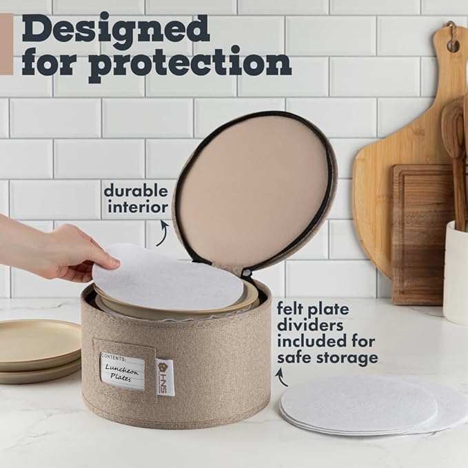 Hard Shell China Storage Containers 5-Piece Set Moving Boxes for Dinnerware, Glasses, Plates, Mugs and Saucers Sturdy Dish Organizer with Dividers for Seasonal Storage - Service for 12 - Brown