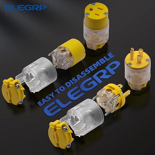 ELEGRP Lighted Straight Blade Electrical Plug and Connector Set 15 Amp 125 Volt NEMA 5-15P NEMA 5-15R 2 Pole 3 Wire Grounding, Commercial Grade, Yellow, 2 Set