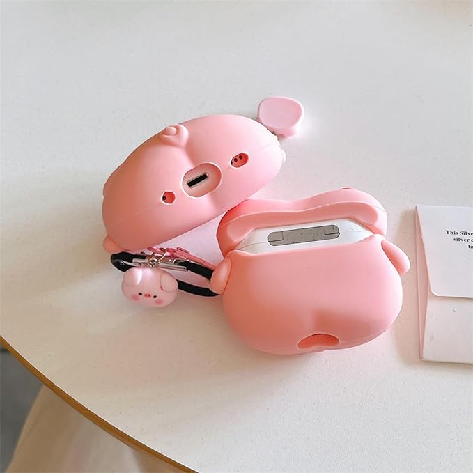 Case Compatible with 2024 Airpods 4, 3D Cute Kawaii Pig Design Earbuds Cover, Pink Lying Piggy Portable Accessories Soft Silicone Wireless Earphone Shockproof Protector with Pendant