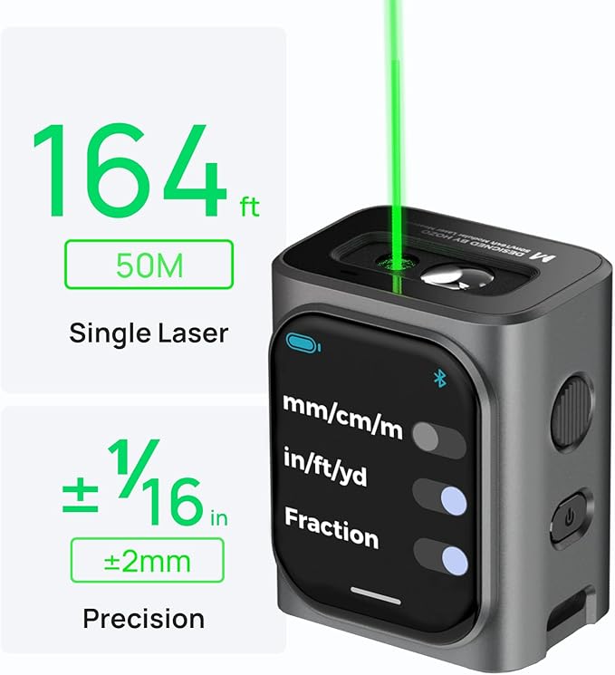 HOZO M-Cube Green-Beam Laser Measuring Tool, 164ft/50m, ±1/16 inch Accuracy, Small Size, High-Visibility Real Green Beam for Outdoor, Area/Volume/Pythagorean, LCD Display, Bluetooth App, Rechargeable