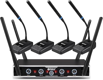 D Debra Wireless Conference Microphone System Audio Pro DU4004 UHF 4 * 16 Adjustable Channel 360°Rotating Wireless Gooseneck Mic, Ideal for Meeting Speech Conference (4 Conference)