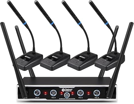 D Debra Wireless Conference Microphone System Audio Pro DU4004 UHF 4 * 16 Adjustable Channel 360°Rotating Wireless Gooseneck Mic, Ideal for Meeting Speech Conference (4 Conference)