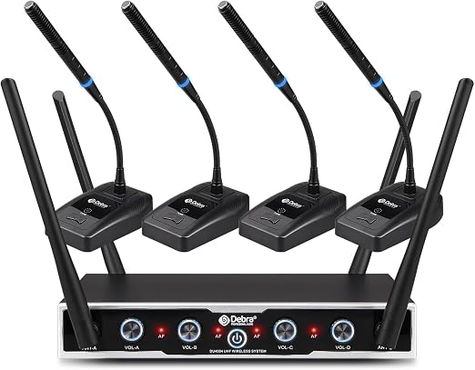 D Debra Wireless Conference Microphone System Audio Pro DU4004 UHF 4 * 16 Adjustable Channel 360°Rotating Wireless Gooseneck Mic, Ideal for Meeting Speech Conference (4 Conference)