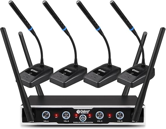 D Debra Wireless Conference Microphone System Audio Pro DU4004 UHF 4 * 16 Adjustable Channel 360°Rotating Wireless Gooseneck Mic, Ideal for Meeting Speech Conference (4 Conference)
