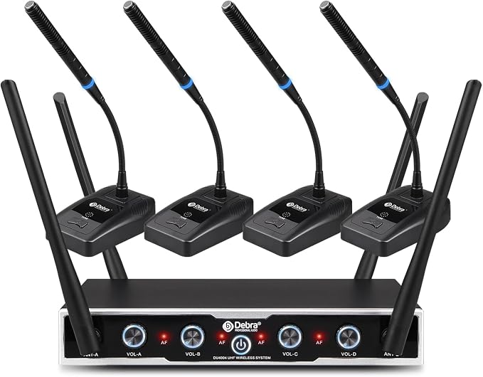 D Debra Wireless Conference Microphone System Audio Pro DU4004 UHF 4 * 16 Adjustable Channel 360°Rotating Wireless Gooseneck Mic, Ideal for Meeting Speech Conference (4 Conference)