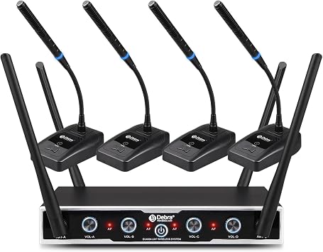 D Debra Wireless Conference Microphone System Audio Pro DU4004 UHF 4 * 16 Adjustable Channel 360°Rotating Wireless Gooseneck Mic, Ideal for Meeting Speech Conference (4 Conference)