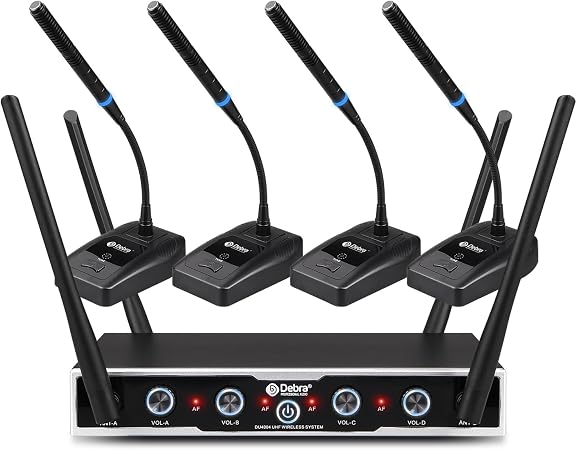 D Debra Wireless Conference Microphone System Audio Pro DU4004 UHF 4 * 16 Adjustable Channel 360°Rotating Wireless Gooseneck Mic, Ideal for Meeting Speech Conference (4 Conference)