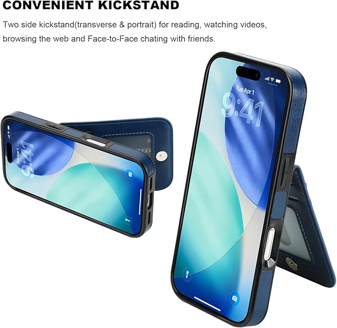 KIHUWEY Compatible with iPhone 17 Case Wallet with Credit Card Holder, Flip Premium Leather Magnetic Clasp Kickstand Heavy Duty Protective Cover for iPhone 17 6.3 Inch (Blue)