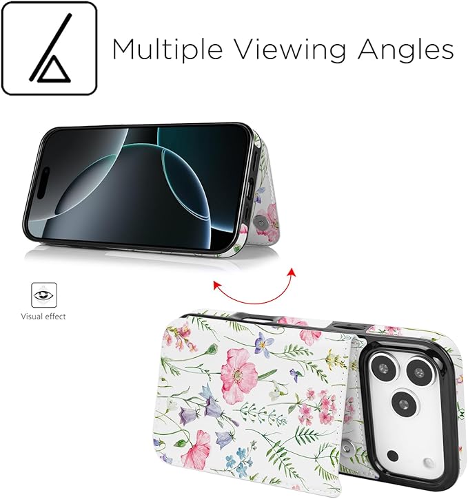 uCOLOR for iPhone 17 Pro Wallet Case with Card Holder PU Leather RFID Blocking Design iPhone 17 Pro flip case for Women Men Magnetic Clasp Kickstand Design 6.3 inch (Pink Flowers)