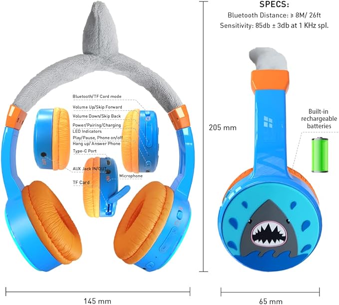 Kids Bluetooth Headphones Toddler Wireless/Wired Headphone with MIC Bluetooth 5.3 Stereo Sound Sharing Function Adjustable 85dB Safe Volume Limited SD Card Slot Kid Headset for Home School