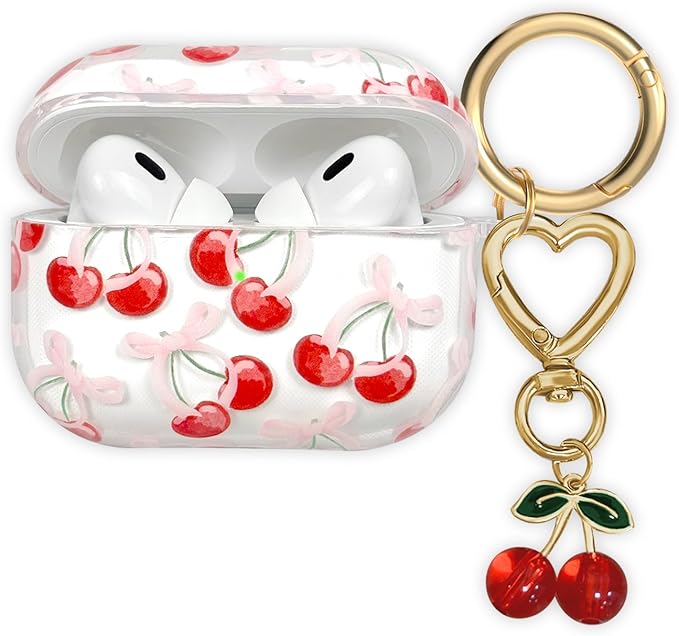 Compatible with AirPods Pro 2 Case Cover 2022, Soft TPU with Cute Flower Pattern for AirPods Pro 2nd/1st Generation Case with Flower Keychain and Carabiner for Girls Women (Cherry)