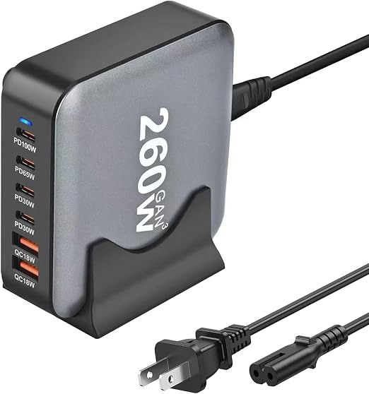260W USB C Charger Block GaN III USB Desktop Charging Station 6 Ports QC4.0 Fast Charging Station Hub+PD 100W Type C Laptop Charger Adapter Compatible with MacBook Pro Laptop Tablet and Phone