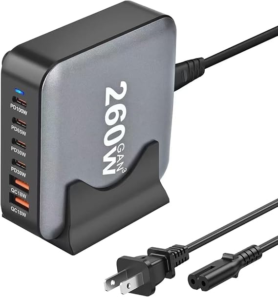 260W USB C Charger Block GaN III USB Desktop Charging Station 6 Ports QC4.0 Fast Charging Station Hub+PD 100W Type C Laptop Charger Adapter Compatible with MacBook Pro Laptop Tablet and Phone