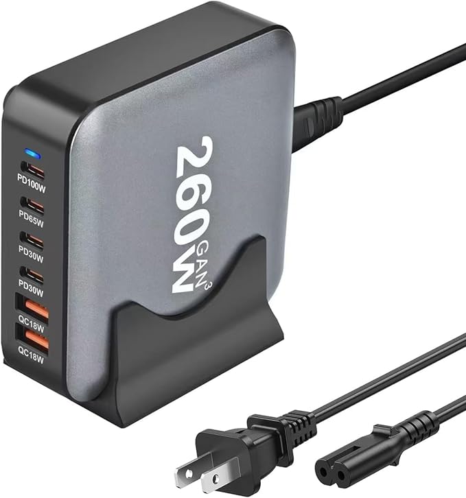 260W USB C Charger Block GaN III USB Desktop Charging Station 6 Ports QC4.0 Fast Charging Station Hub+PD 100W Type C Laptop Charger Adapter Compatible with MacBook Pro Laptop Tablet and Phone