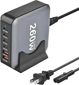 260W USB C Charger Block GaN III USB Desktop Charging Station 6 Ports QC4.0 Fast Charging Station Hub+PD 100W Type C Laptop Charger Adapter Compatible with MacBook Pro Laptop Tablet and Phone