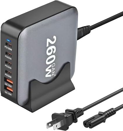260W USB C Charger Block GaN III USB Desktop Charging Station 6 Ports QC4.0 Fast Charging Station Hub+PD 100W Type C Laptop Charger Adapter Compatible with MacBook Pro Laptop Tablet and Phone