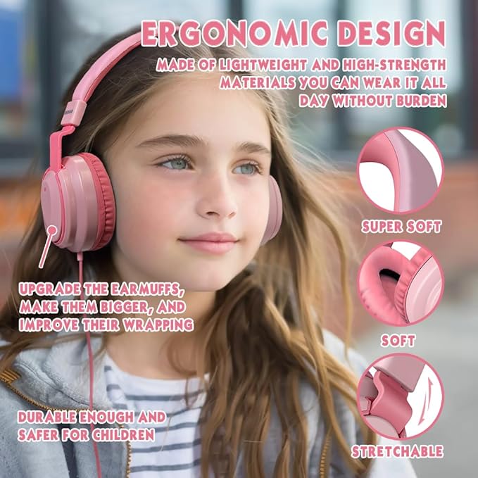 Headphone Kids Volume Limited 85/94dB Wired Over-Ear/On-Earr Foldable Headset with Inline Cable Aux 3.5mm Cord Mic for Toddler Boy Girl Child Back to School Study Pad Tablet Pink