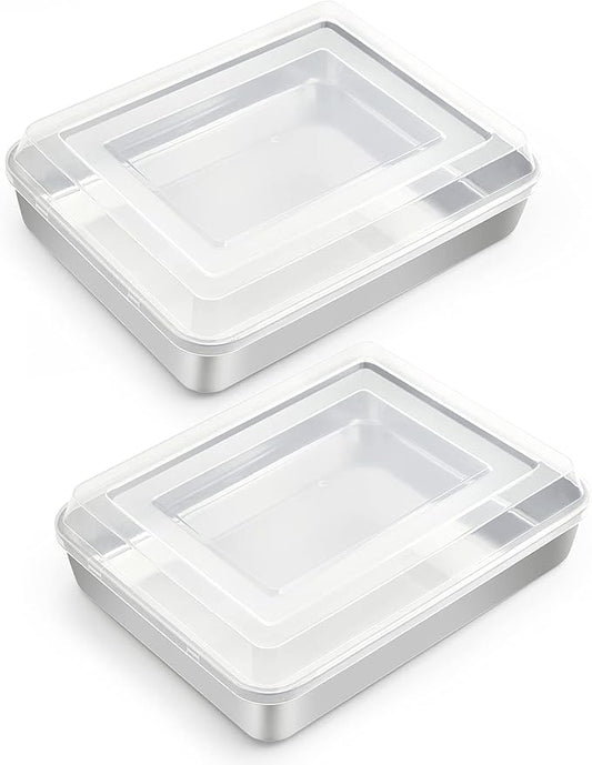 TeamFar Rectangular Cake Pans with Lids, 9.3’’ x 7’’ x 1.9’’ Stainless Steel Lasagna Brownie Pan For Roasting Baking, Healthy & Solid, Brushed Surface & Dishwasher Safe, (2 Pans+2 Lids)