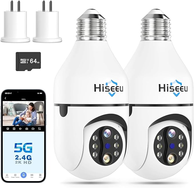 Hiseeu Light Bulb Security Camera Wireless WiFi 5G&2.4GHz,10X Zoom Dual Lens PTZ Light Socket Security Camera, 2-Way-Audio, Auto Tracking & Alarm, 3MP Color Night Vision, 64GB SD Card