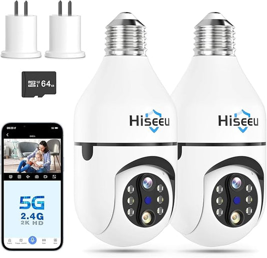 Hiseeu Light Bulb Security Camera Wireless WiFi 5G&2.4GHz,10X Zoom Dual Lens PTZ Light Socket Security Camera, 2-Way-Audio, Auto Tracking & Alarm, 3MP Color Night Vision, 64GB SD Card
