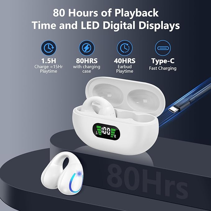 Open Ear Bone Conduction Headphones Bluetooth 5.3 Wireless Open Clip Ear Earbuds Built-in Mic with Ear Hooks 60 Hours Playtime Sport Earphones IPX7 Waterproof for Fitness Running Walking White