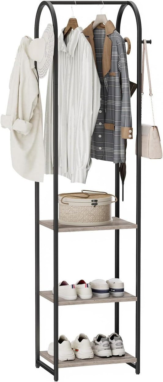 Garment Rack, Coat Rack With 3 Shelves and 4 Hooks, 71" H Clothes Stand For Hanging Clothes, Hanging Rod For for Bedroom, Hallway, Entryway, Office, Living Room, Greige and Black