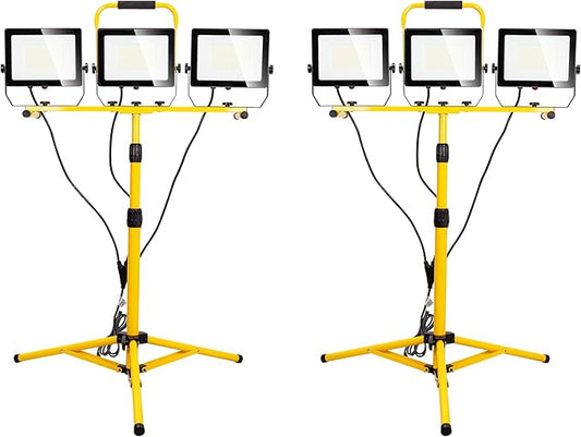30000 Lumen Work Lights with Stand, 300W Three Head LED Work Light, Waterproof Lamp with Individual Switch, Adjustable Metal Telescoping Tripod（2 Pack）