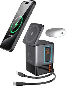 105W Retractable Charging Station, 6-in-1 GaN Charger with Dual 65W Cables