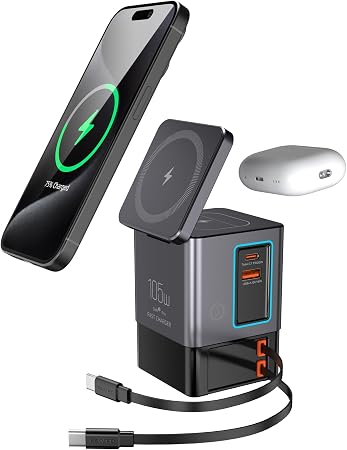 105W Retractable Charging Station, 6-in-1 GaN Charger with Dual 65W Cables